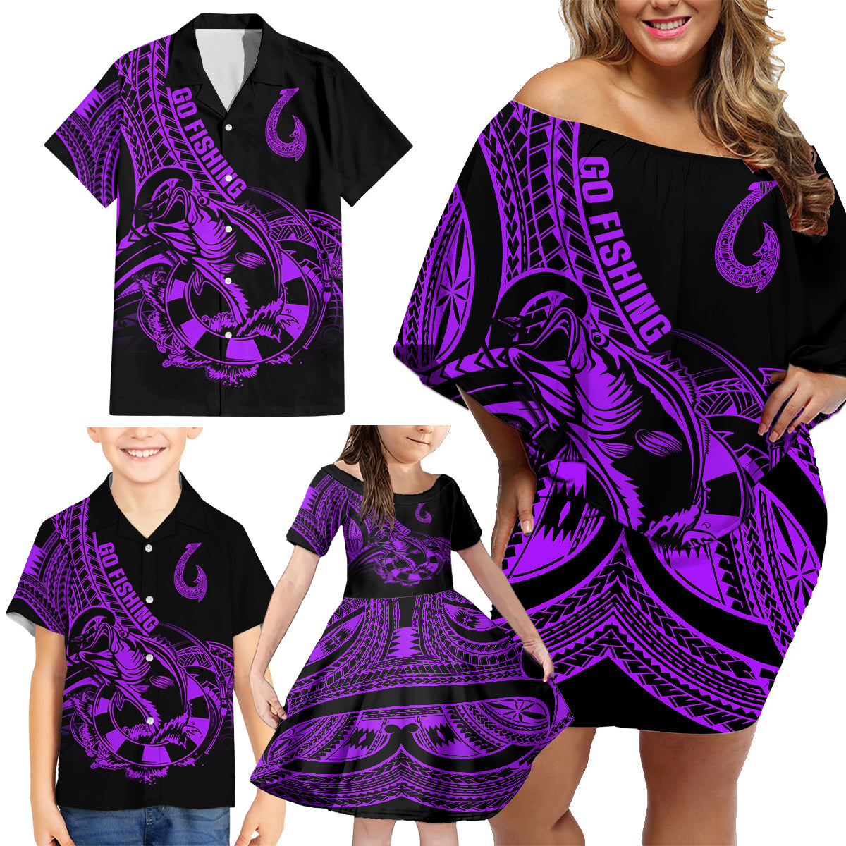 Polynesia Family Matching Off Shoulder Short Dress and Hawaiian Shirt Fish Hook Tattoo Go Fishing Polynesian Pattern Purple - Wonder Print Shop
