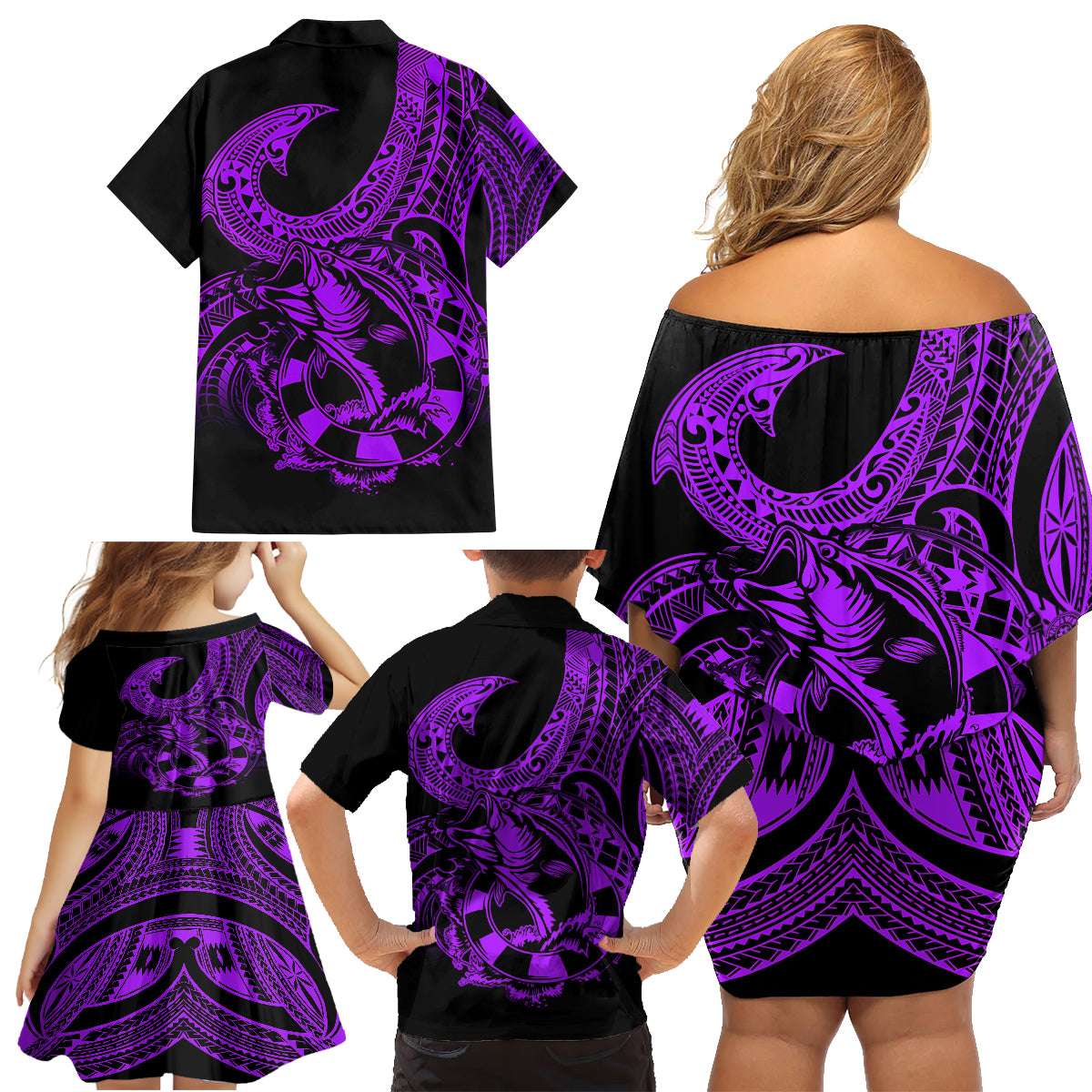 Polynesia Family Matching Off Shoulder Short Dress and Hawaiian Shirt Fish Hook Tattoo Go Fishing Polynesian Pattern Purple - Wonder Print Shop