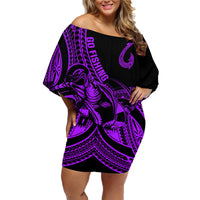 Polynesia Family Matching Off Shoulder Short Dress and Hawaiian Shirt Fish Hook Tattoo Go Fishing Polynesian Pattern Purple - Wonder Print Shop