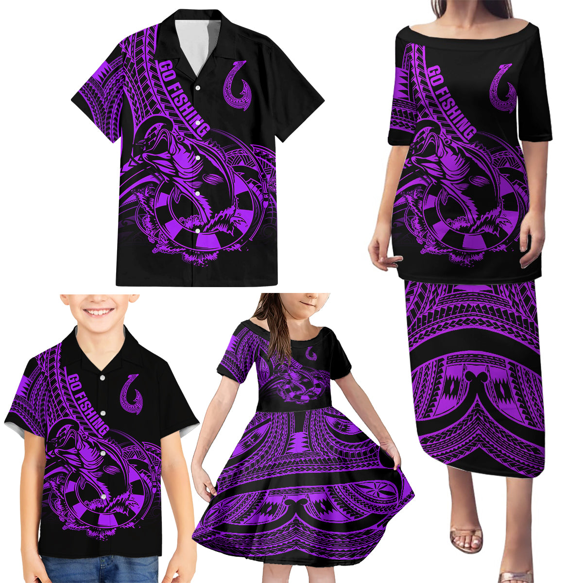 Polynesia Family Matching Puletasi Dress and Hawaiian Shirt Fish Hook Tattoo Go Fishing Polynesian Pattern Purple - Wonder Print Shop