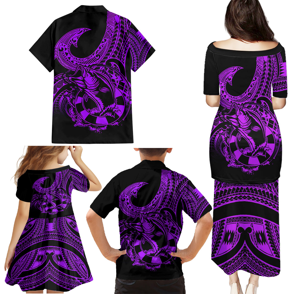 Polynesia Family Matching Puletasi Dress and Hawaiian Shirt Fish Hook Tattoo Go Fishing Polynesian Pattern Purple - Wonder Print Shop