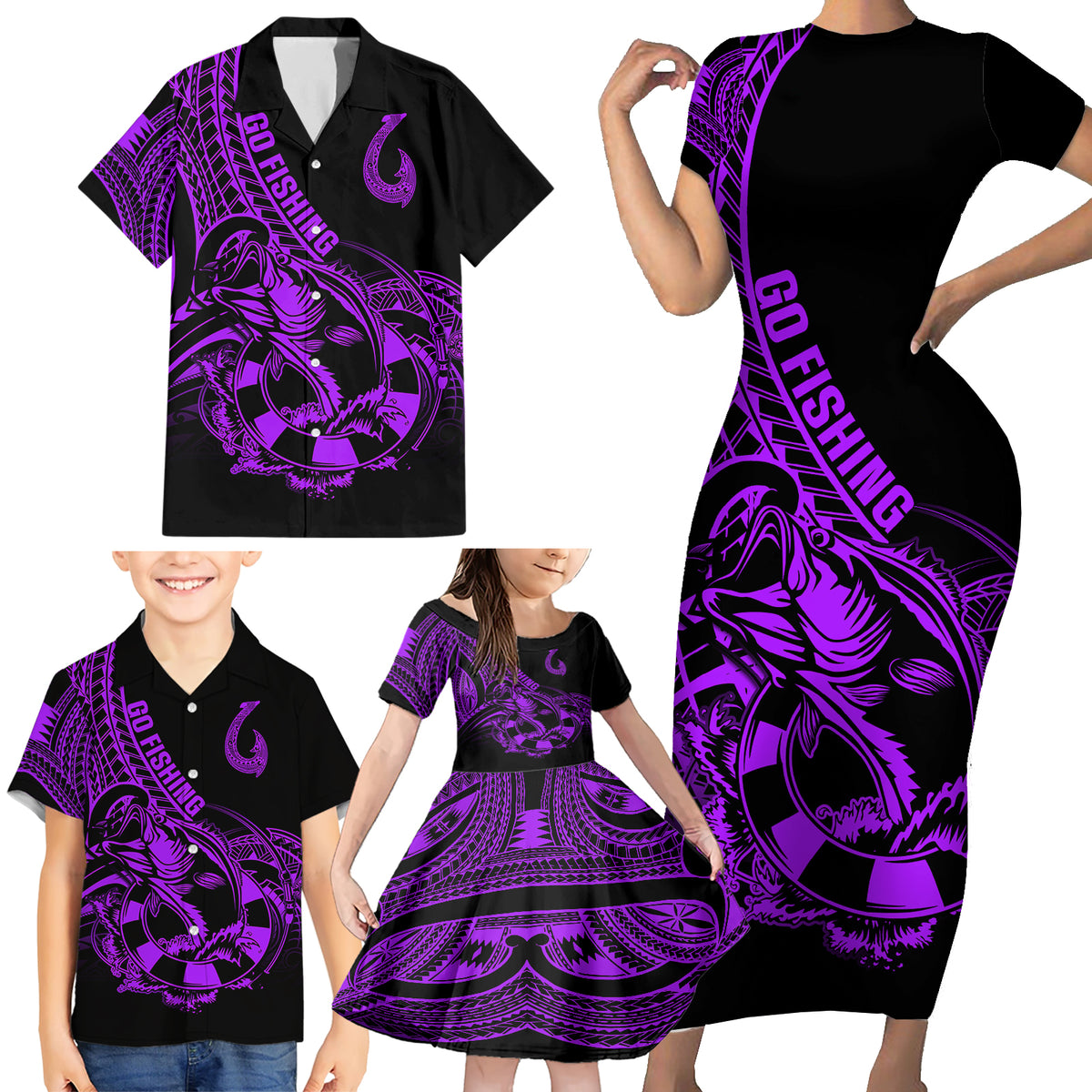 Polynesia Family Matching Short Sleeve Bodycon Dress and Hawaiian Shirt Fish Hook Tattoo Go Fishing Polynesian Pattern Purple - Wonder Print Shop
