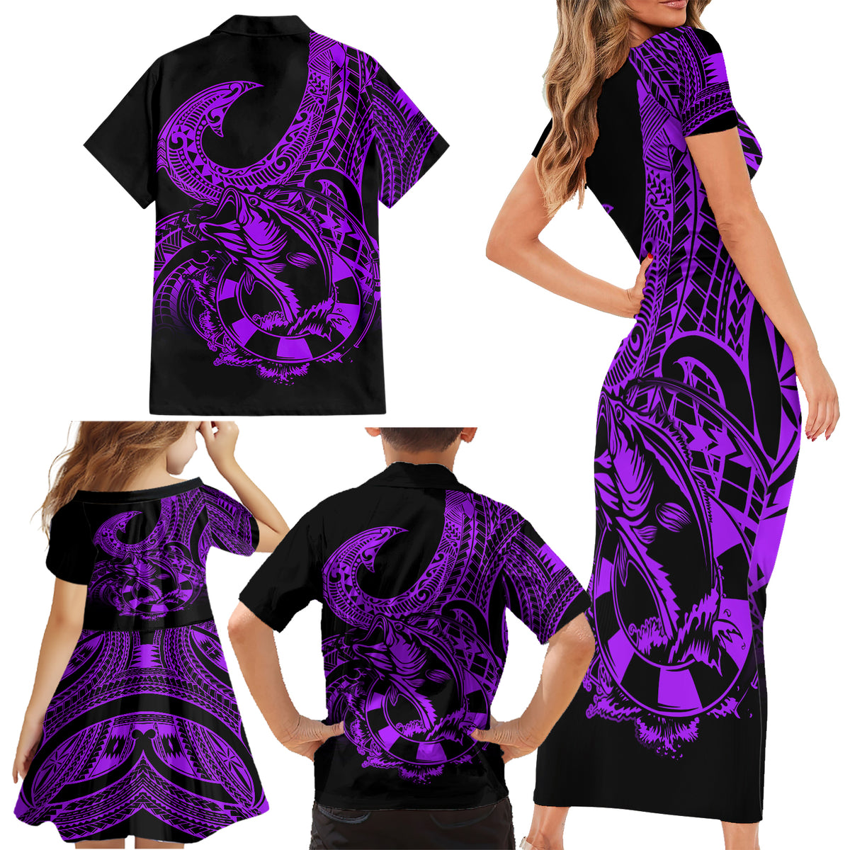Polynesia Family Matching Short Sleeve Bodycon Dress and Hawaiian Shirt Fish Hook Tattoo Go Fishing Polynesian Pattern Purple - Wonder Print Shop
