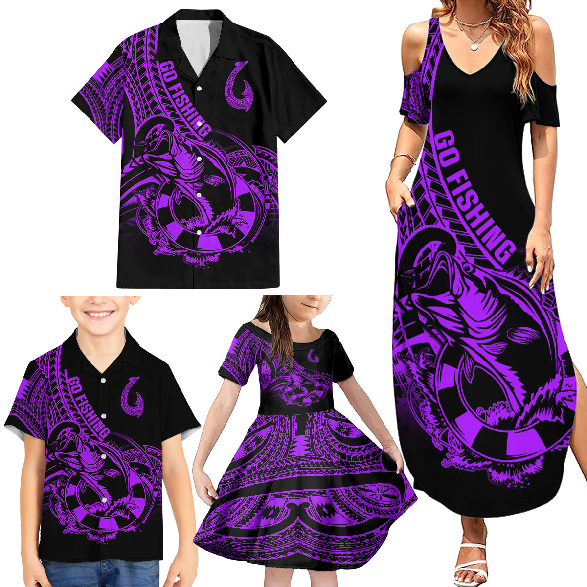 Polynesia Family Matching Summer Maxi Dress and Hawaiian Shirt Fish Hook Tattoo Go Fishing Polynesian Pattern Purple - Wonder Print Shop