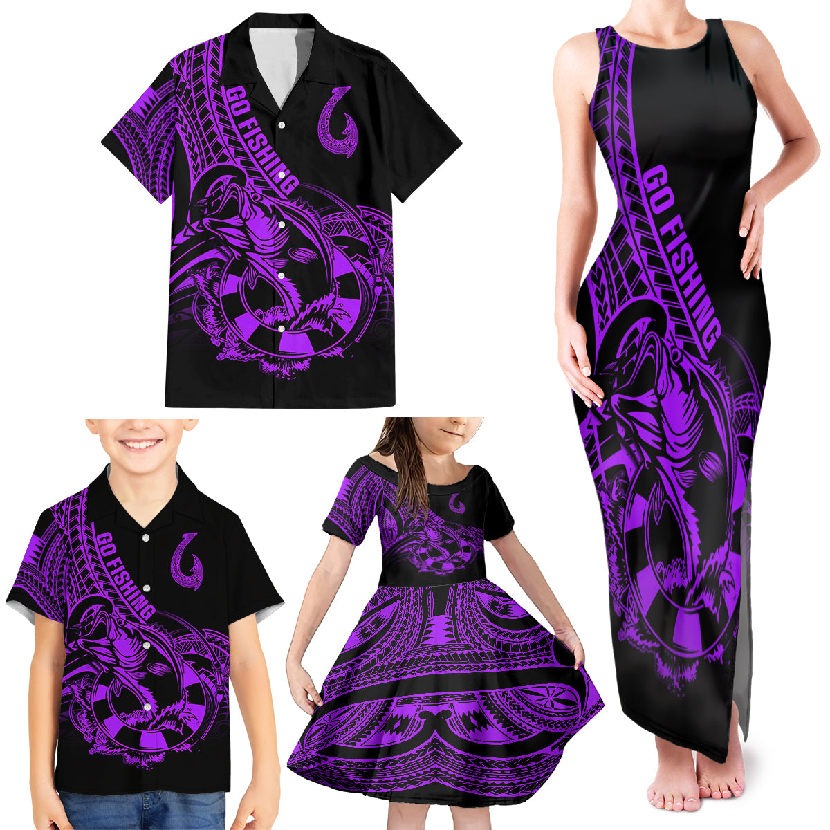 Polynesia Family Matching Tank Maxi Dress and Hawaiian Shirt Fish Hook Tattoo Go Fishing Polynesian Pattern Purple - Wonder Print Shop