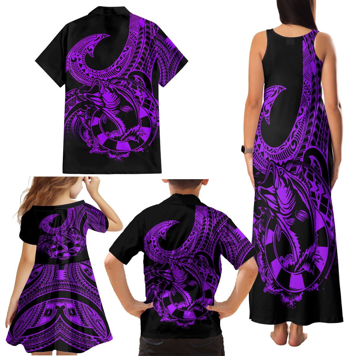 Polynesia Family Matching Tank Maxi Dress and Hawaiian Shirt Fish Hook Tattoo Go Fishing Polynesian Pattern Purple - Wonder Print Shop