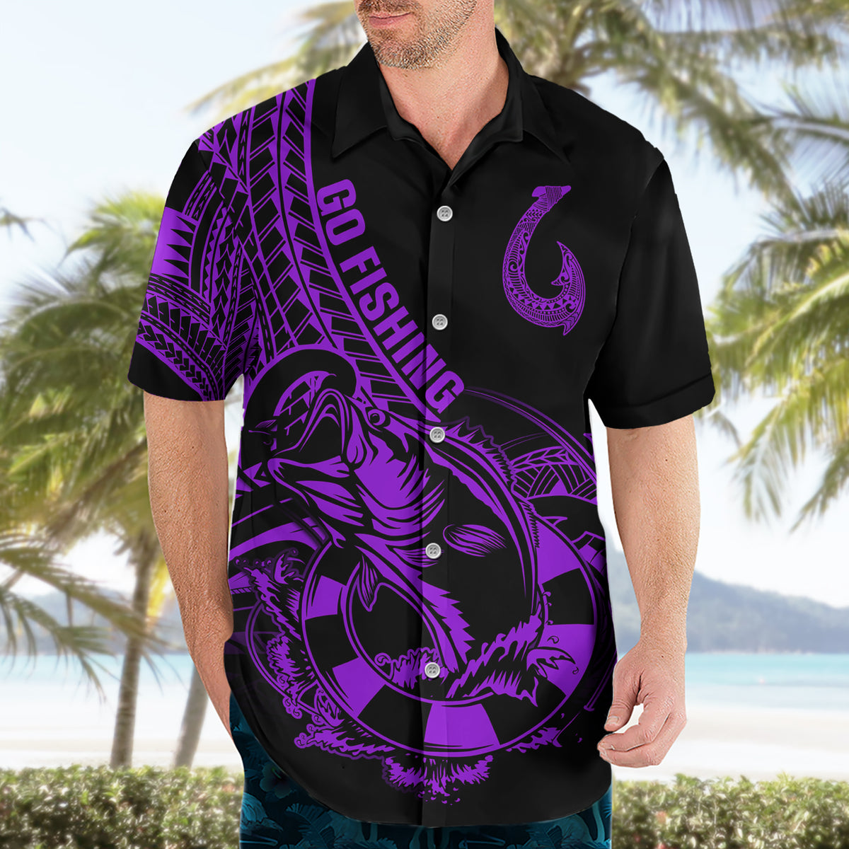 Polynesia Hawaiian Shirt Fish Hook Tattoo Go Fishing Polynesian Pattern Purple - Wonder Print Shop