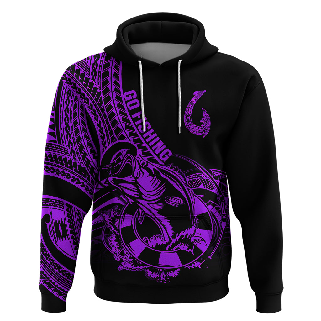Polynesia Hoodie Fish Hook Tattoo Go Fishing Polynesian Pattern Purple - Wonder Print Shop