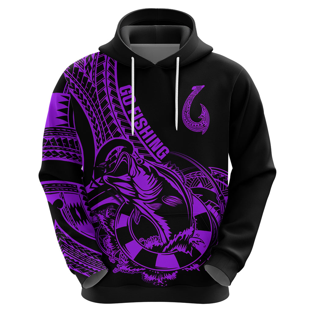 Polynesia Hoodie Fish Hook Tattoo Go Fishing Polynesian Pattern Purple - Wonder Print Shop