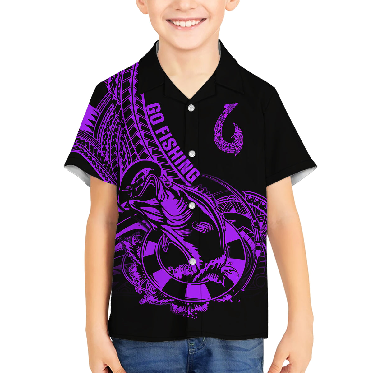 Polynesia Kid Hawaiian Shirt Fish Hook Tattoo Go Fishing Polynesian Pattern Purple - Wonder Print Shop