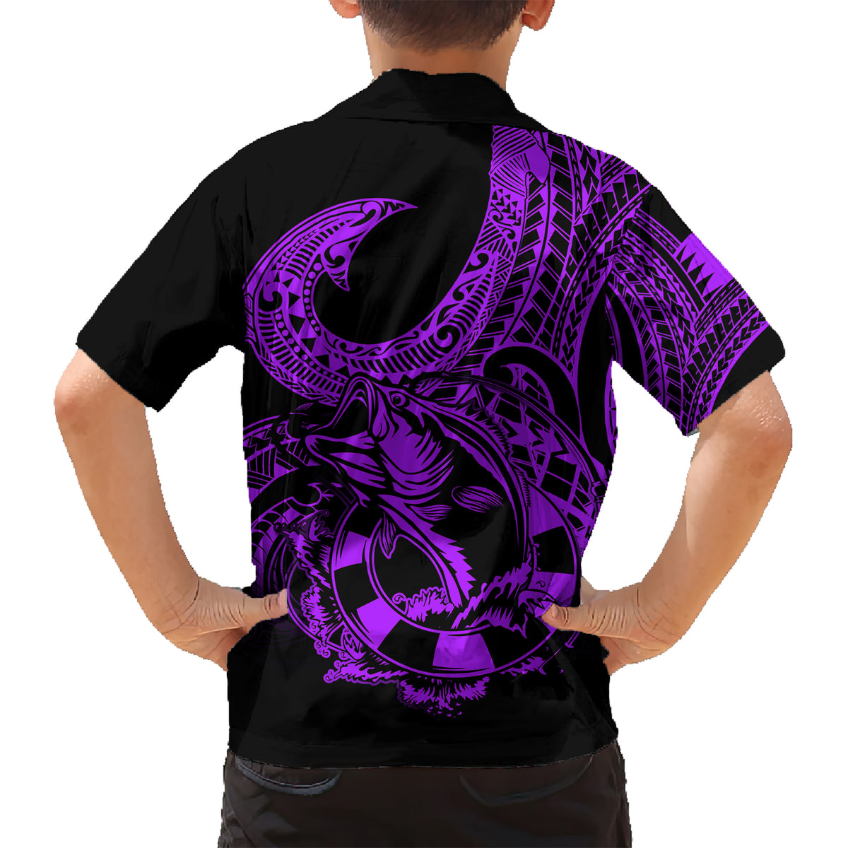 Polynesia Kid Hawaiian Shirt Fish Hook Tattoo Go Fishing Polynesian Pattern Purple - Wonder Print Shop
