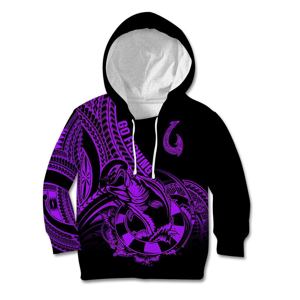 Polynesia Kid Hoodie Fish Hook Tattoo Go Fishing Polynesian Pattern Purple - Wonder Print Shop