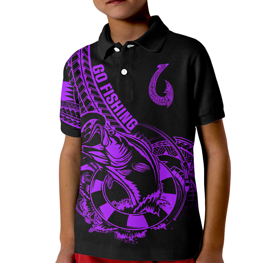 Polynesia Kid Polo Shirt Fish Hook Tattoo Go Fishing Polynesian Pattern Purple - Wonder Print Shop