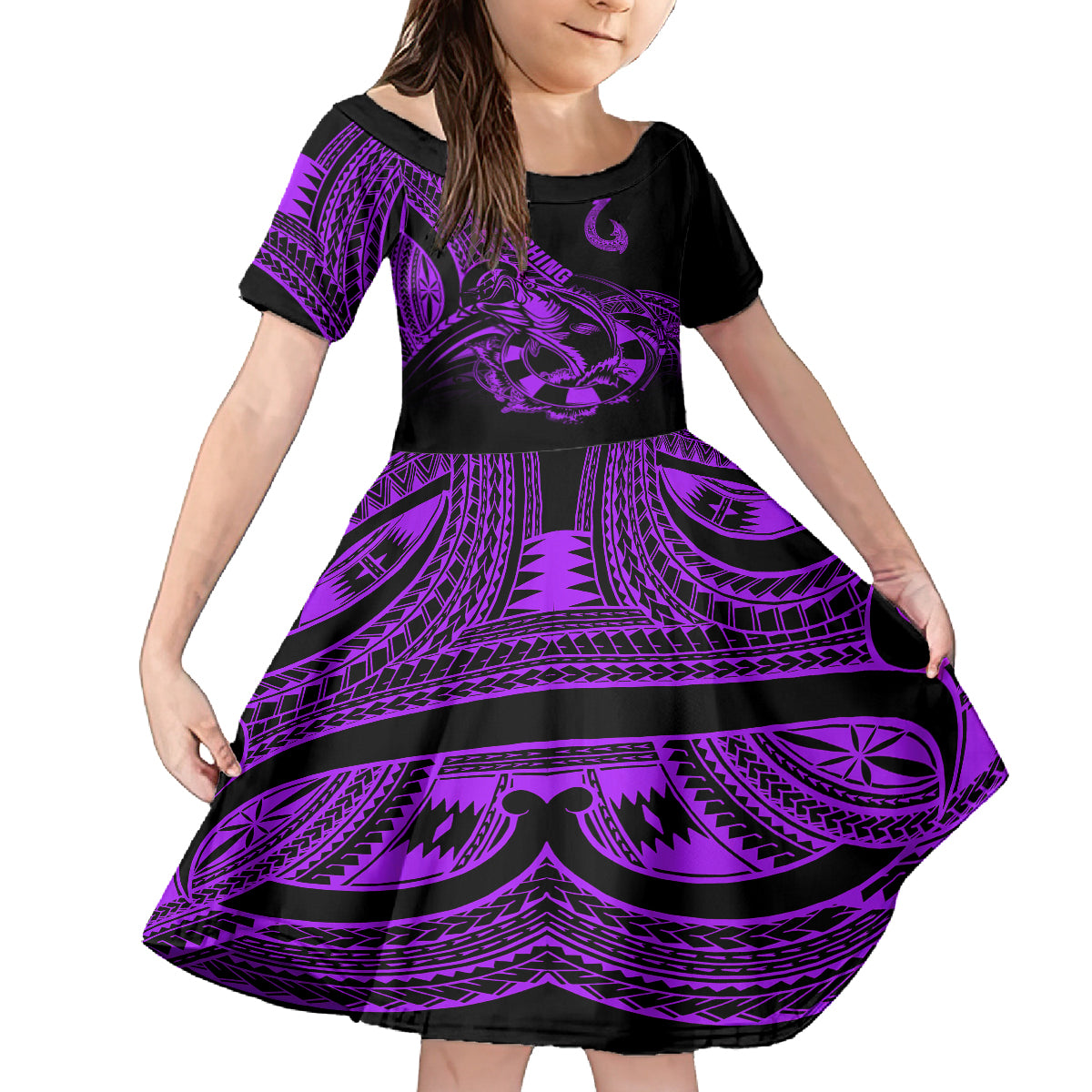 Polynesia Kid Short Sleeve Dress Fish Hook Tattoo Go Fishing Polynesian Pattern Purple - Wonder Print Shop