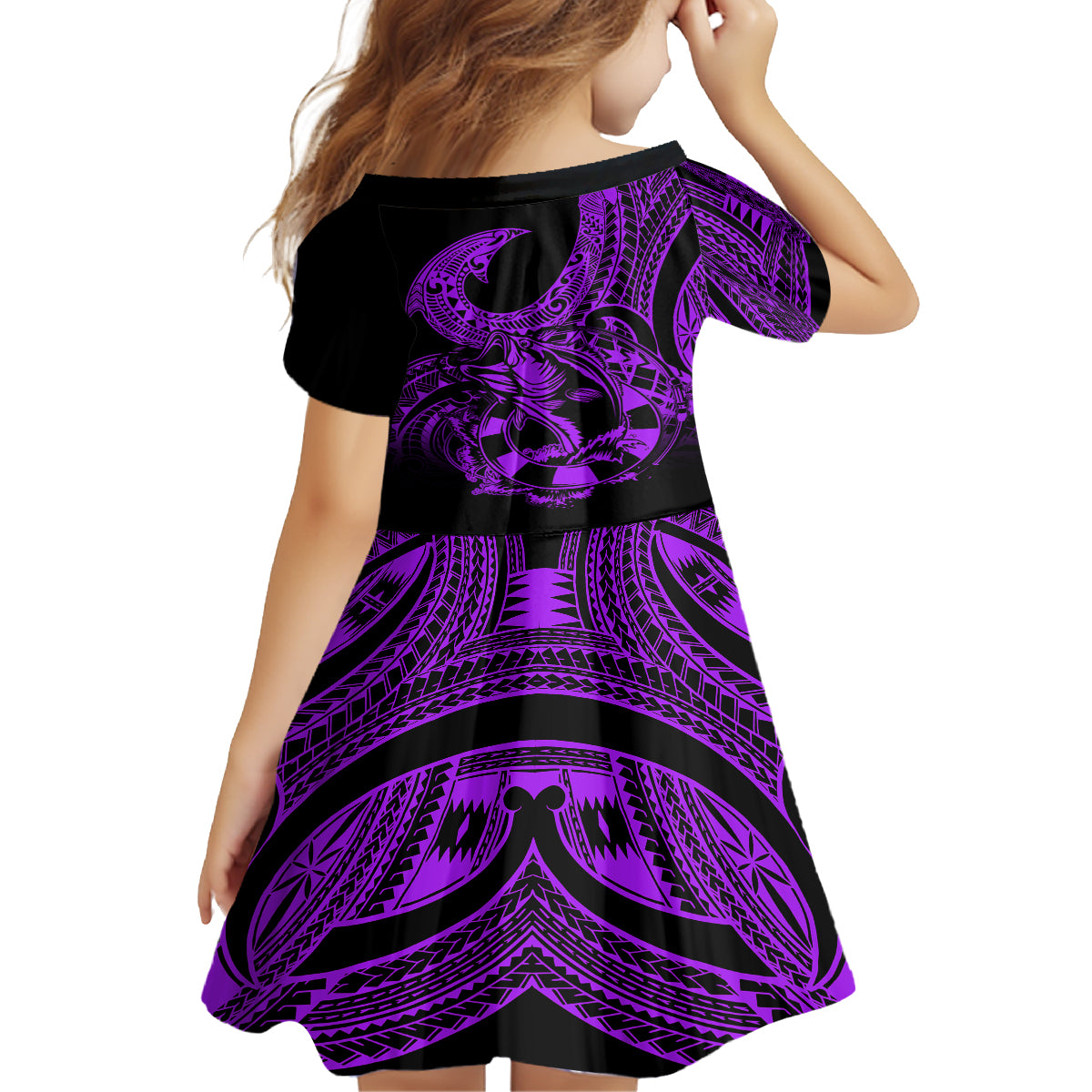 Polynesia Kid Short Sleeve Dress Fish Hook Tattoo Go Fishing Polynesian Pattern Purple - Wonder Print Shop