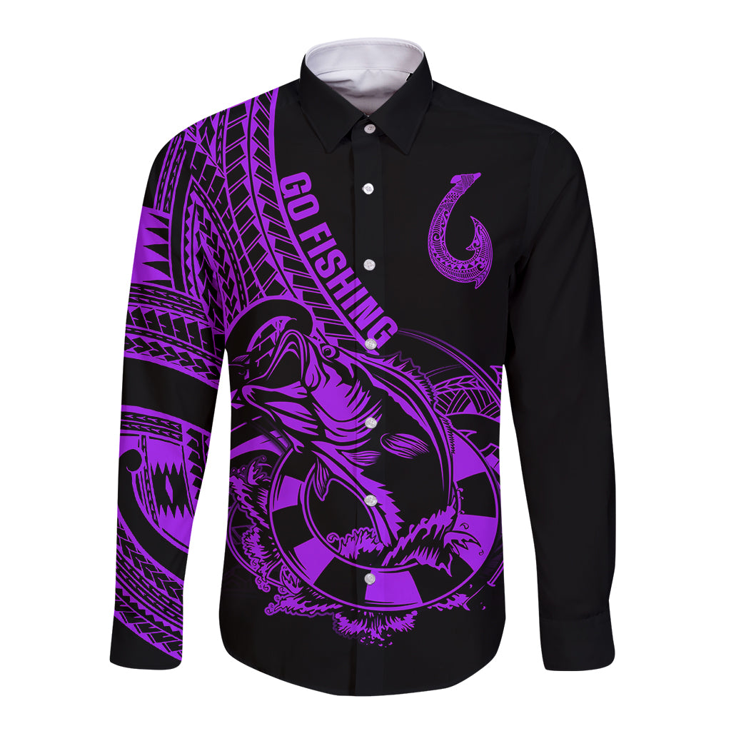 Polynesia Long Sleeve Button Shirt Fish Hook Tattoo Go Fishing Polynesian Pattern Purple - Wonder Print Shop
