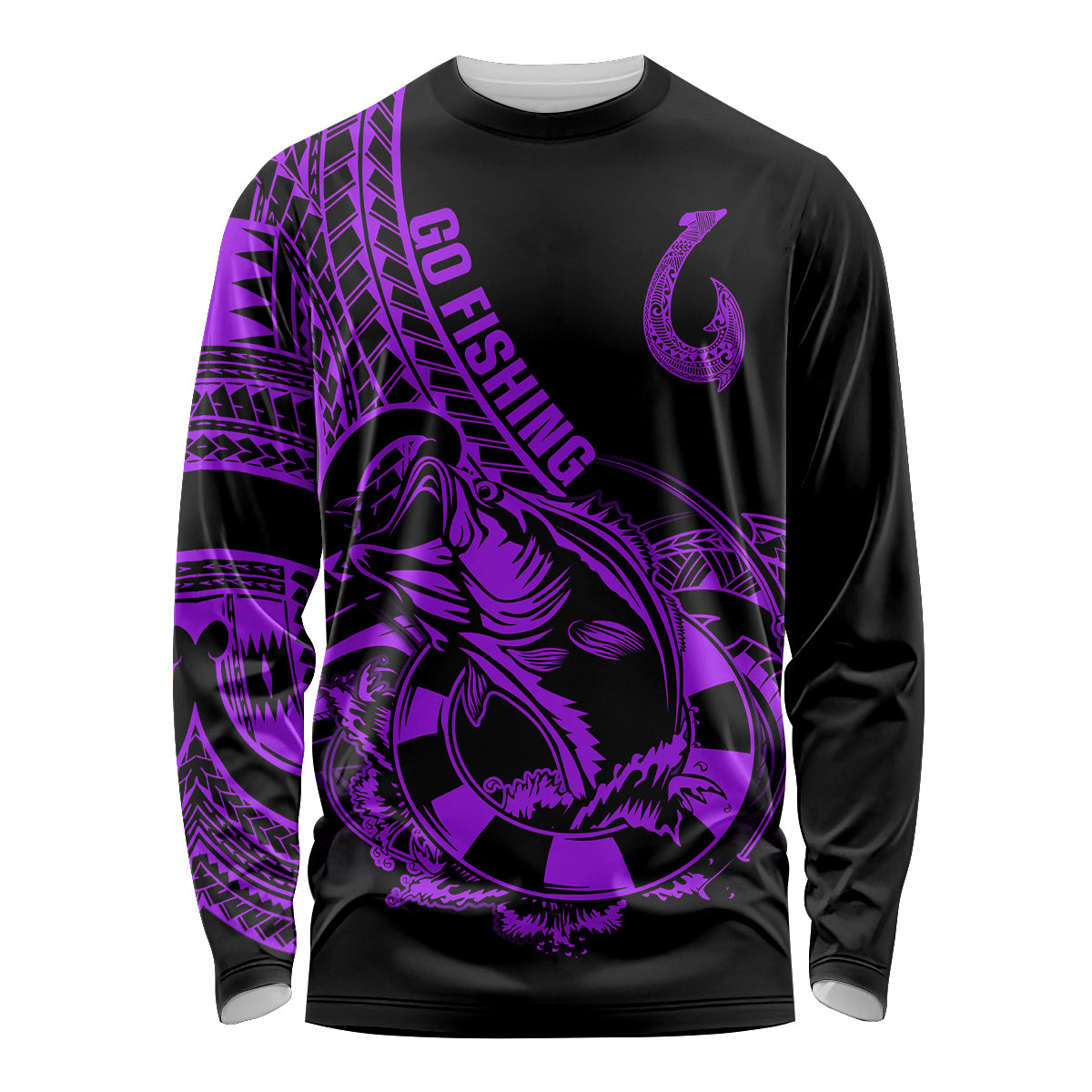 Polynesia Long Sleeve Shirt Fish Hook Tattoo Go Fishing Polynesian Pattern Purple - Wonder Print Shop