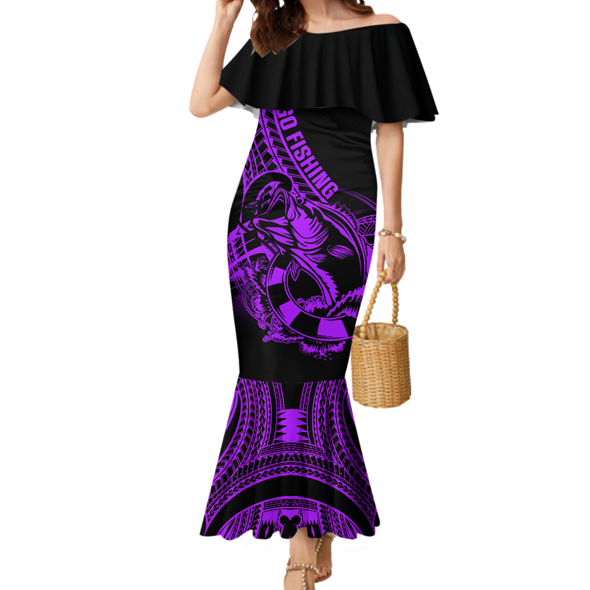 Polynesia Mermaid Dress Fish Hook Tattoo Go Fishing Polynesian Pattern Purple - Wonder Print Shop