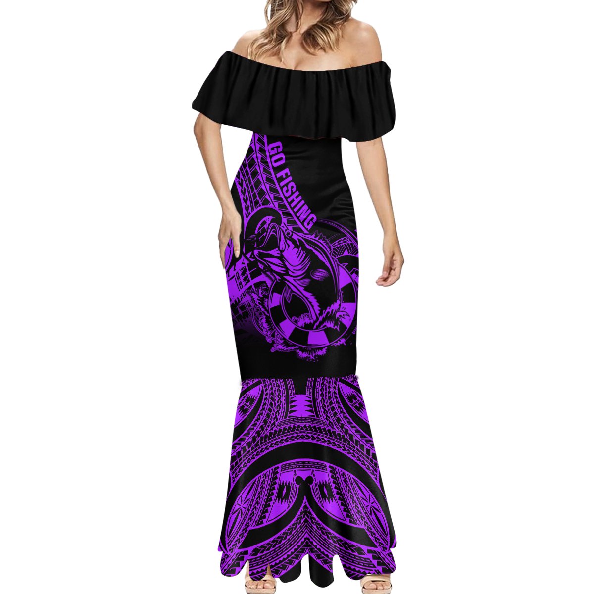 Polynesia Mermaid Dress Fish Hook Tattoo Go Fishing Polynesian Pattern Purple - Wonder Print Shop