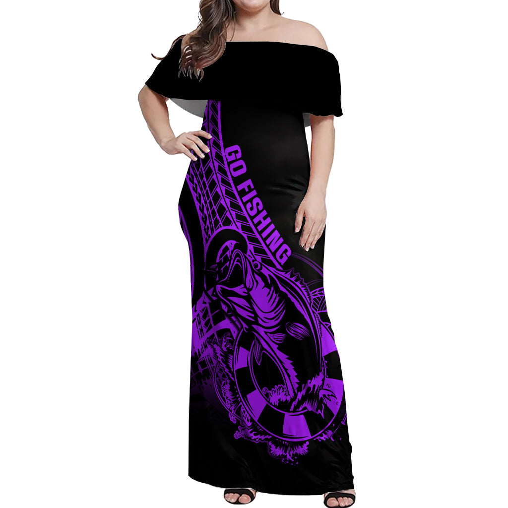 Polynesia Off Shoulder Maxi Dress Fish Hook Tattoo Go Fishing Polynesian Pattern Purple - Wonder Print Shop