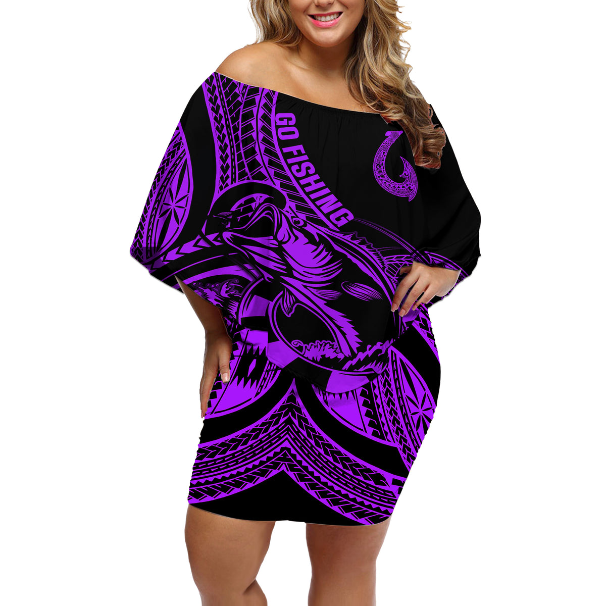 Polynesia Off Shoulder Short Dress Fish Hook Tattoo Go Fishing Polynesian Pattern Purple - Wonder Print Shop