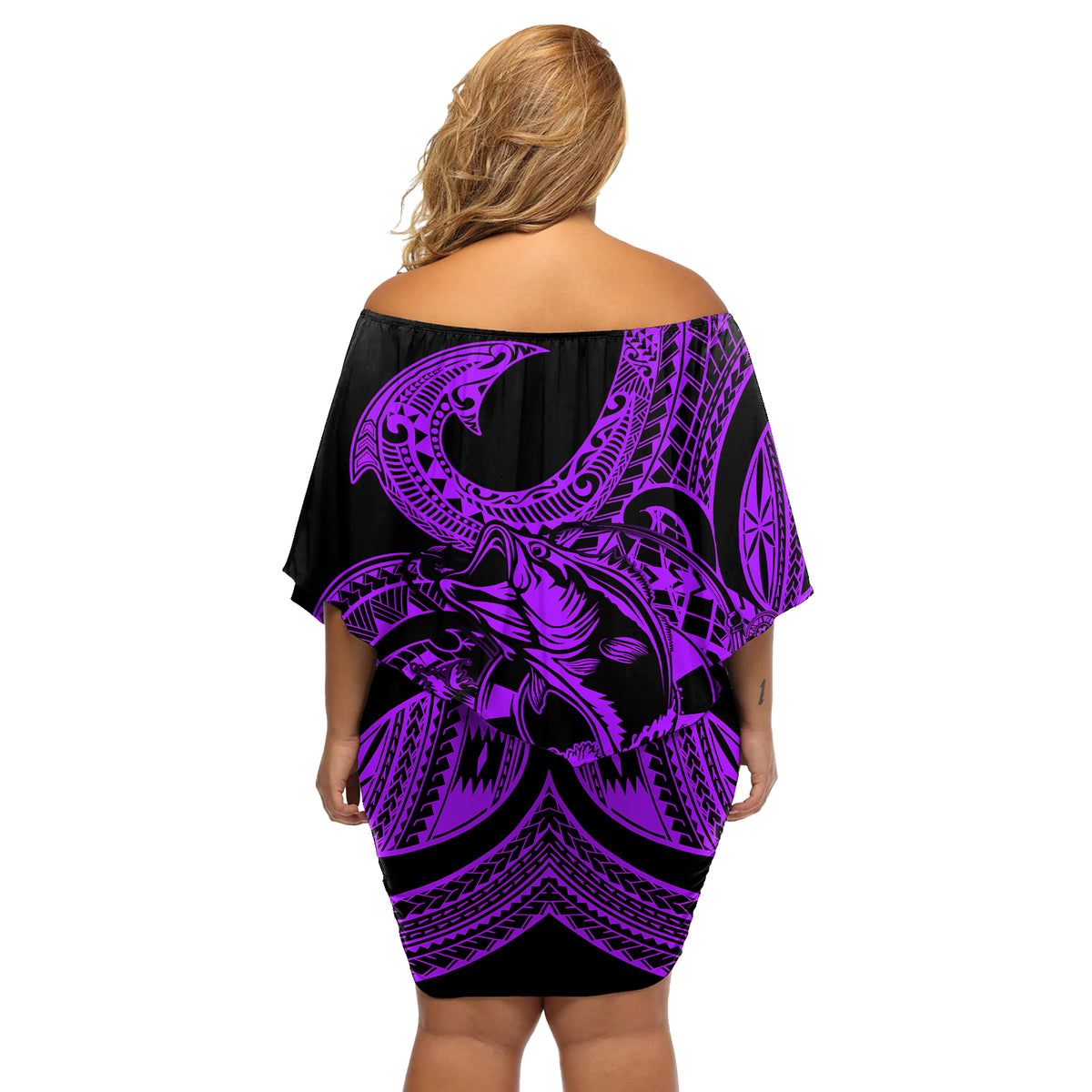 Polynesia Off Shoulder Short Dress Fish Hook Tattoo Go Fishing Polynesian Pattern Purple - Wonder Print Shop