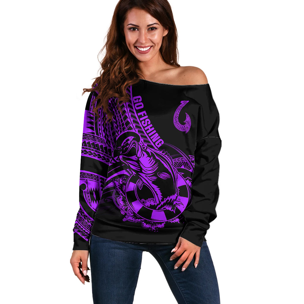 Polynesia Off Shoulder Sweater Fish Hook Tattoo Go Fishing Polynesian Pattern Purple - Wonder Print Shop