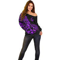 Polynesia Off Shoulder Sweater Fish Hook Tattoo Go Fishing Polynesian Pattern Purple - Wonder Print Shop