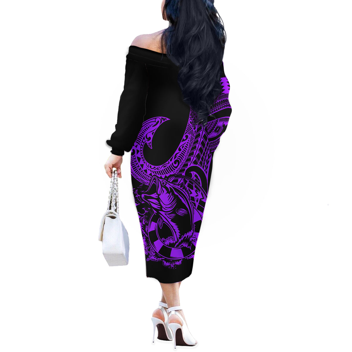 Polynesia Off The Shoulder Long Sleeve Dress Fish Hook Tattoo Go Fishing Polynesian Pattern Purple - Wonder Print Shop