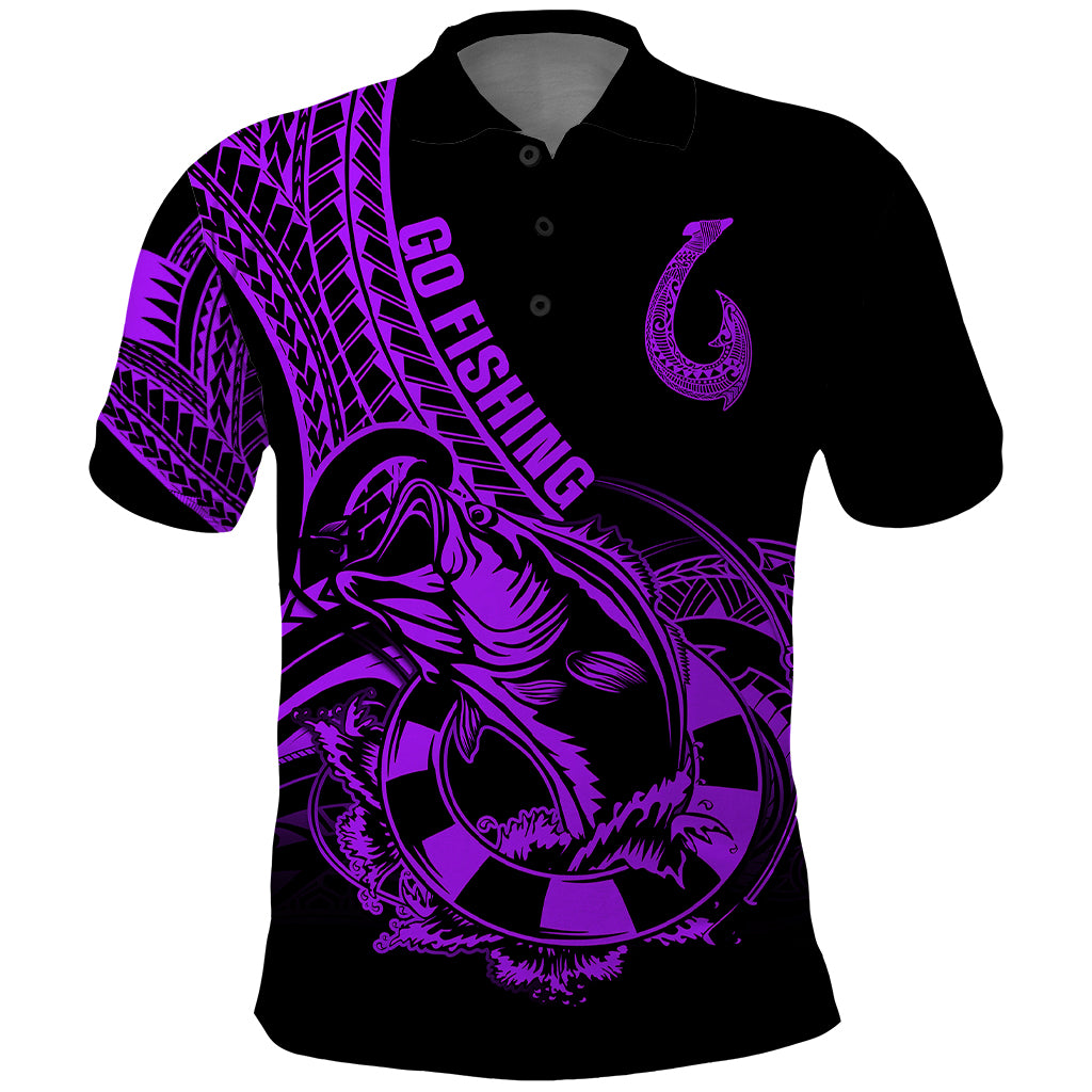 Polynesia Polo Shirt Fish Hook Tattoo Go Fishing Polynesian Pattern Purple - Wonder Print Shop