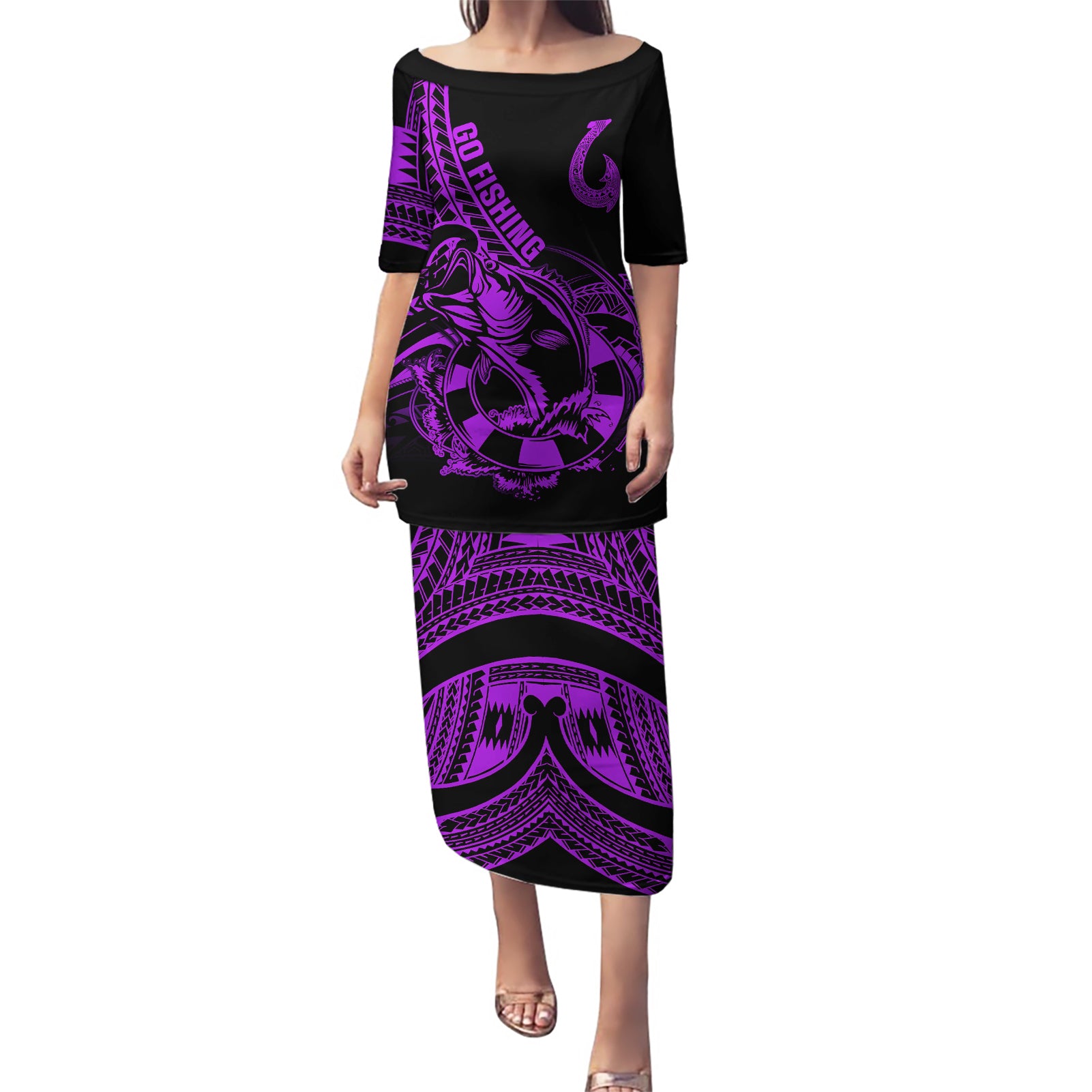Polynesia Puletasi Fish Hook Tattoo Go Fishing Polynesian Pattern Purple - Wonder Print Shop
