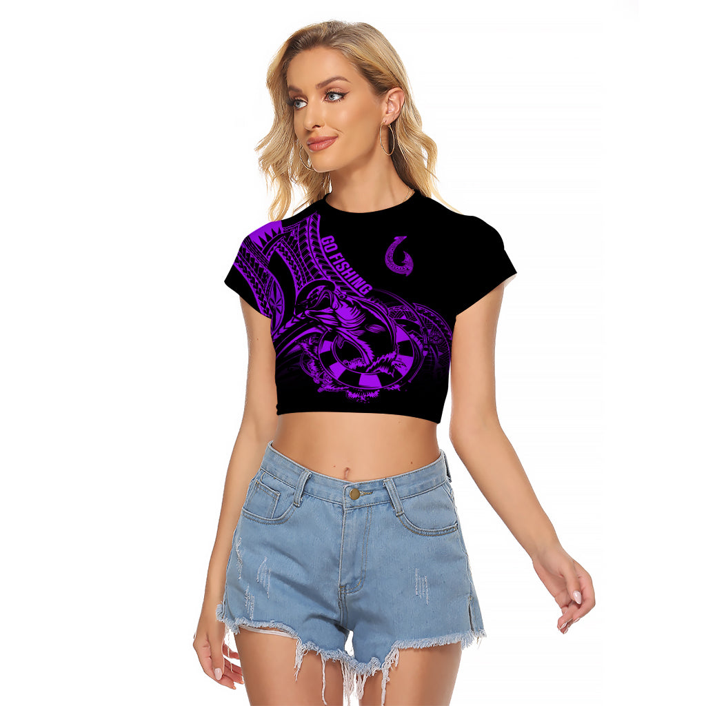 Polynesia Raglan Cropped T Shirt Fish Hook Tattoo Go Fishing Polynesian Pattern Purple - Wonder Print Shop