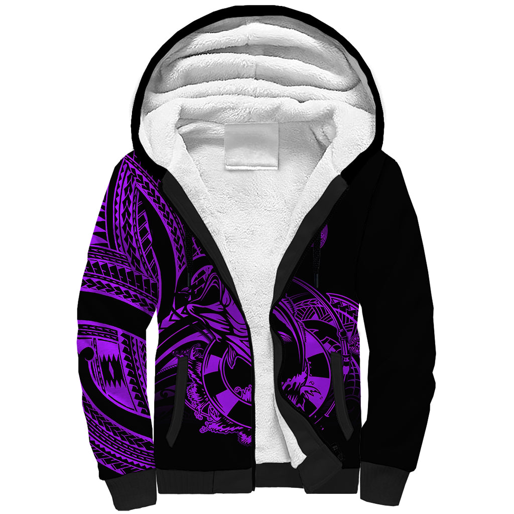 Polynesia Sherpa Hoodie Fish Hook Tattoo Go Fishing Polynesian Pattern Purple - Wonder Print Shop