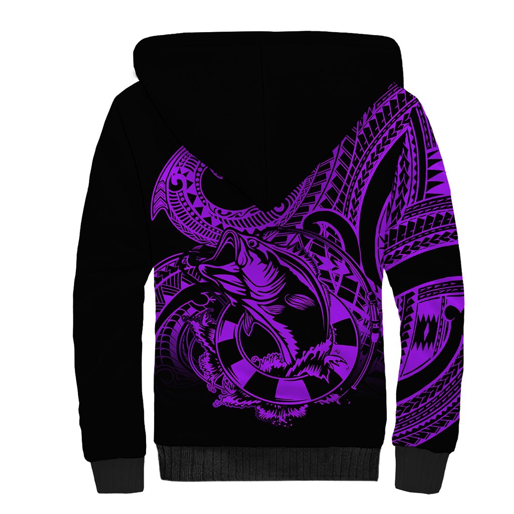 Polynesia Sherpa Hoodie Fish Hook Tattoo Go Fishing Polynesian Pattern Purple - Wonder Print Shop
