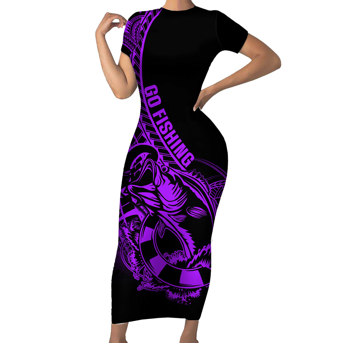 Polynesia Short Sleeve Bodycon Dress Fish Hook Tattoo Go Fishing Polynesian Pattern Purple - Wonder Print Shop