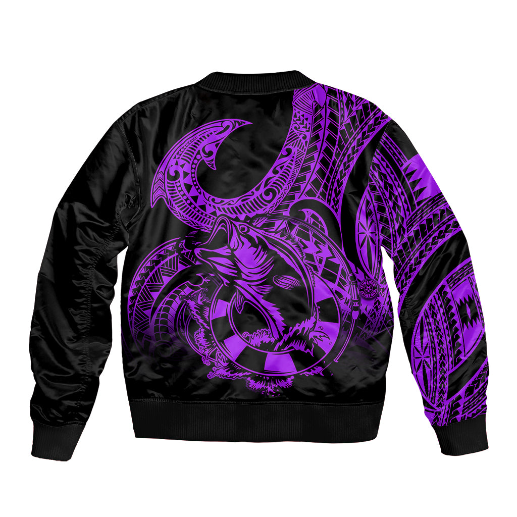 Polynesia Sleeve Zip Bomber Jacket Fish Hook Tattoo Go Fishing Polynesian Pattern Purple - Wonder Print Shop