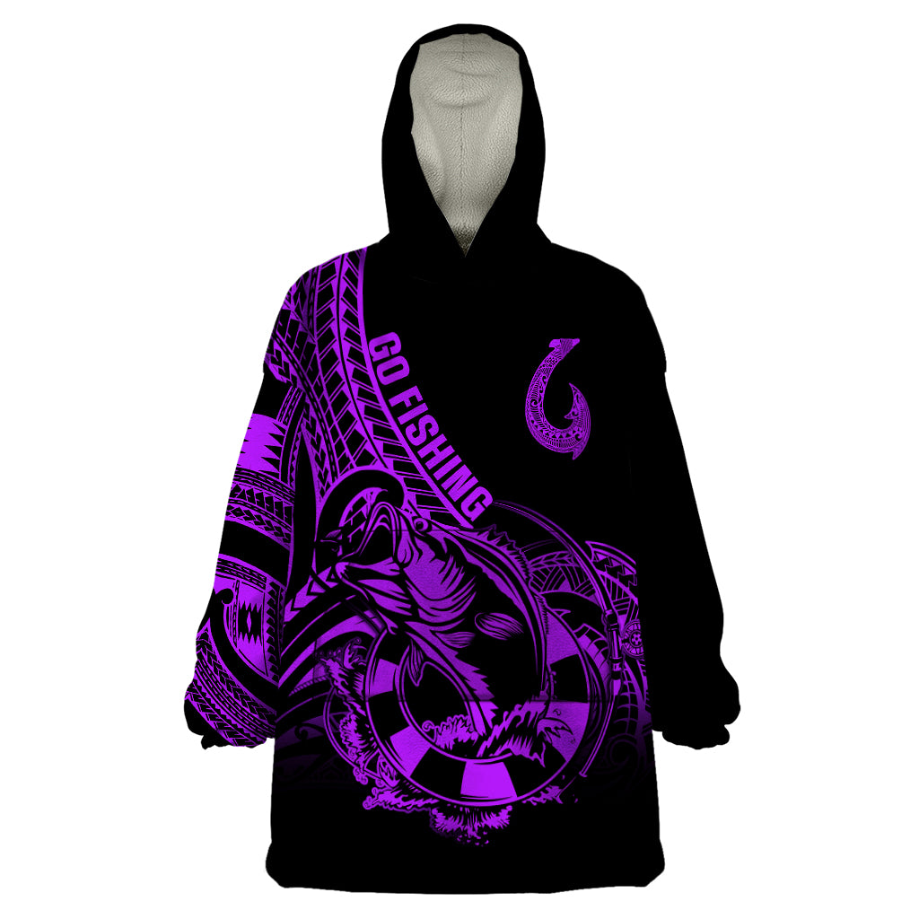 Polynesia Wearable Blanket Hoodie Fish Hook Tattoo Go Fishing Polynesian Pattern Purple - Wonder Print Shop