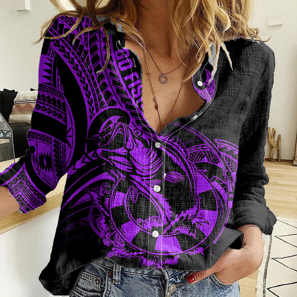 Polynesia Women Casual Shirt Fish Hook Tattoo Go Fishing Polynesian Pattern Purple - Wonder Print Shop