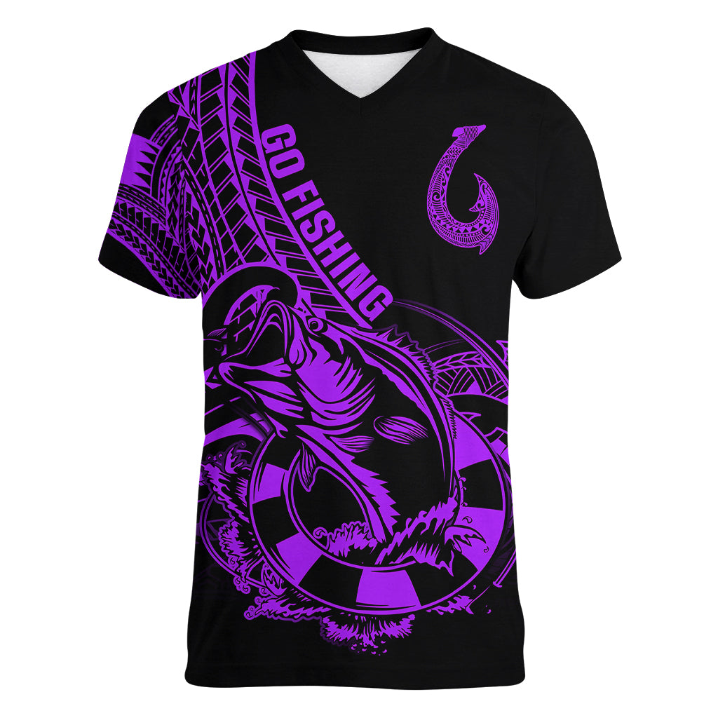 Polynesia Women V Neck T Shirt Fish Hook Tattoo Go Fishing Polynesian Pattern Purple - Wonder Print Shop
