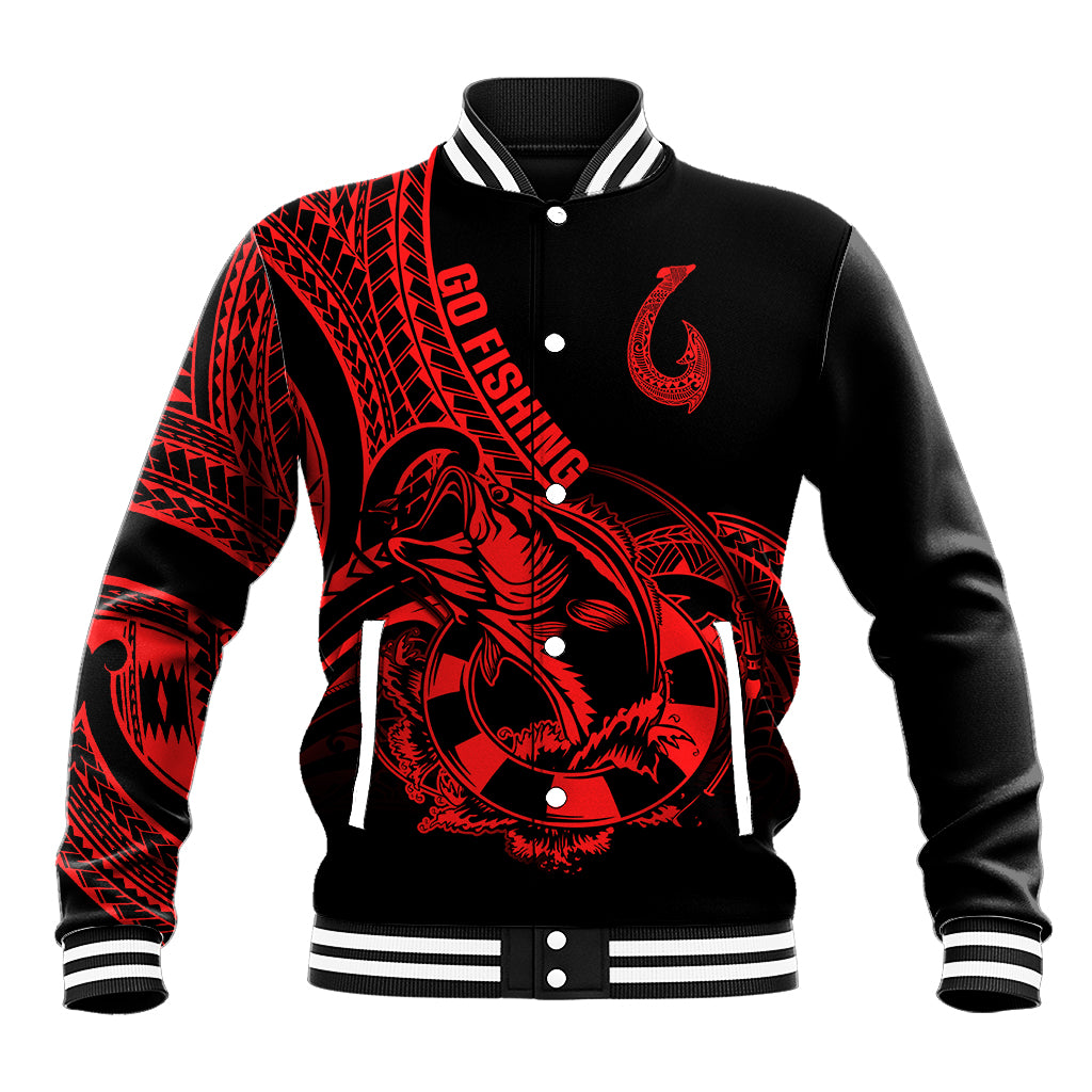 Polynesia Baseball Jacket Fish Hook Tattoo Go Fishing Polynesian Pattern Red - Wonder Print Shop