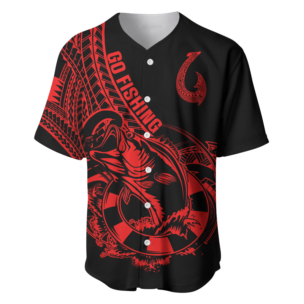 Polynesia Baseball Jersey Fish Hook Tattoo Go Fishing Polynesian Pattern Red - Wonder Print Shop