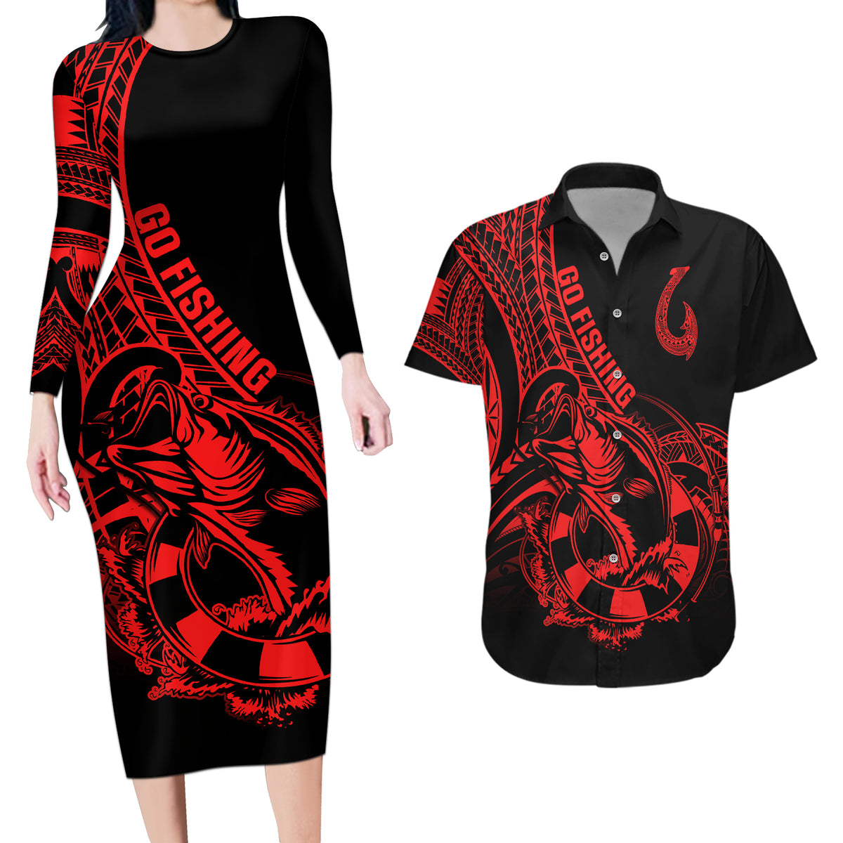 Polynesia Couples Matching Long Sleeve Bodycon Dress and Hawaiian Shirt Fish Hook Tattoo Go Fishing Polynesian Pattern Red - Wonder Print Shop