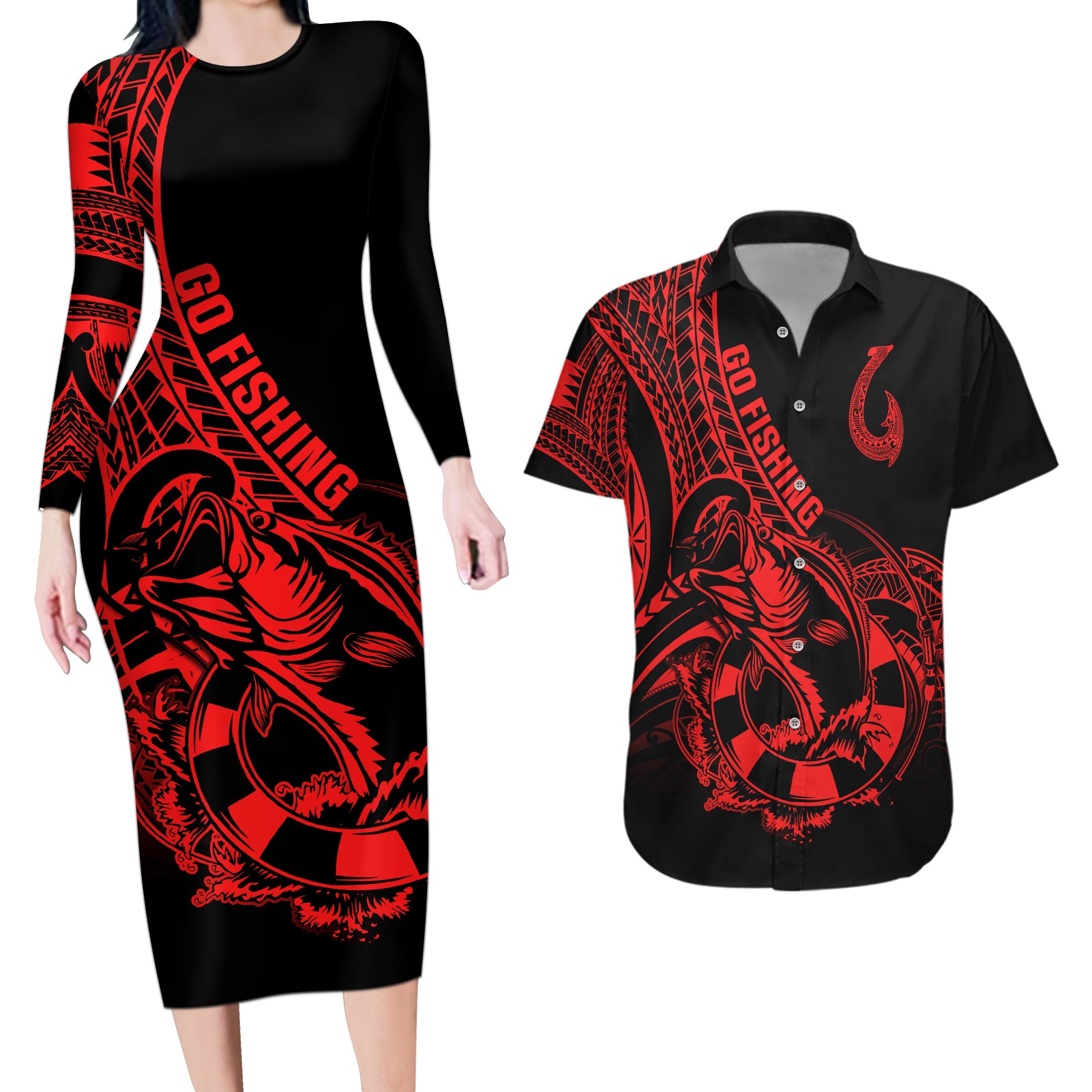 Polynesia Couples Matching Long Sleeve Bodycon Dress and Hawaiian Shirt Fish Hook Tattoo Go Fishing Polynesian Pattern Red - Wonder Print Shop