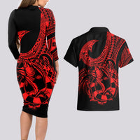 Polynesia Couples Matching Long Sleeve Bodycon Dress and Hawaiian Shirt Fish Hook Tattoo Go Fishing Polynesian Pattern Red - Wonder Print Shop