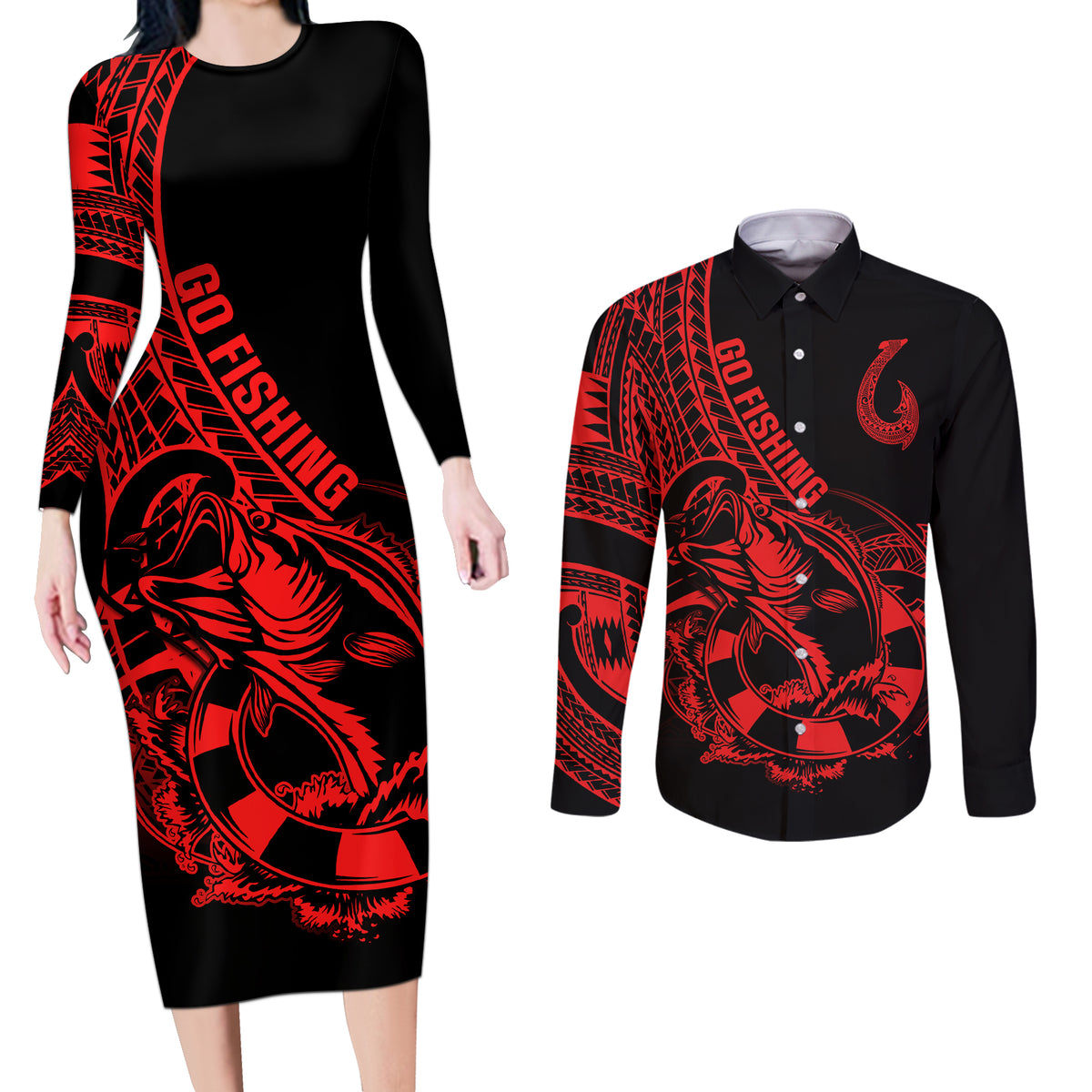 Polynesia Couples Matching Long Sleeve Bodycon Dress and Long Sleeve Button Shirts Fish Hook Tattoo Go Fishing Polynesian Pattern Red - Wonder Print Shop