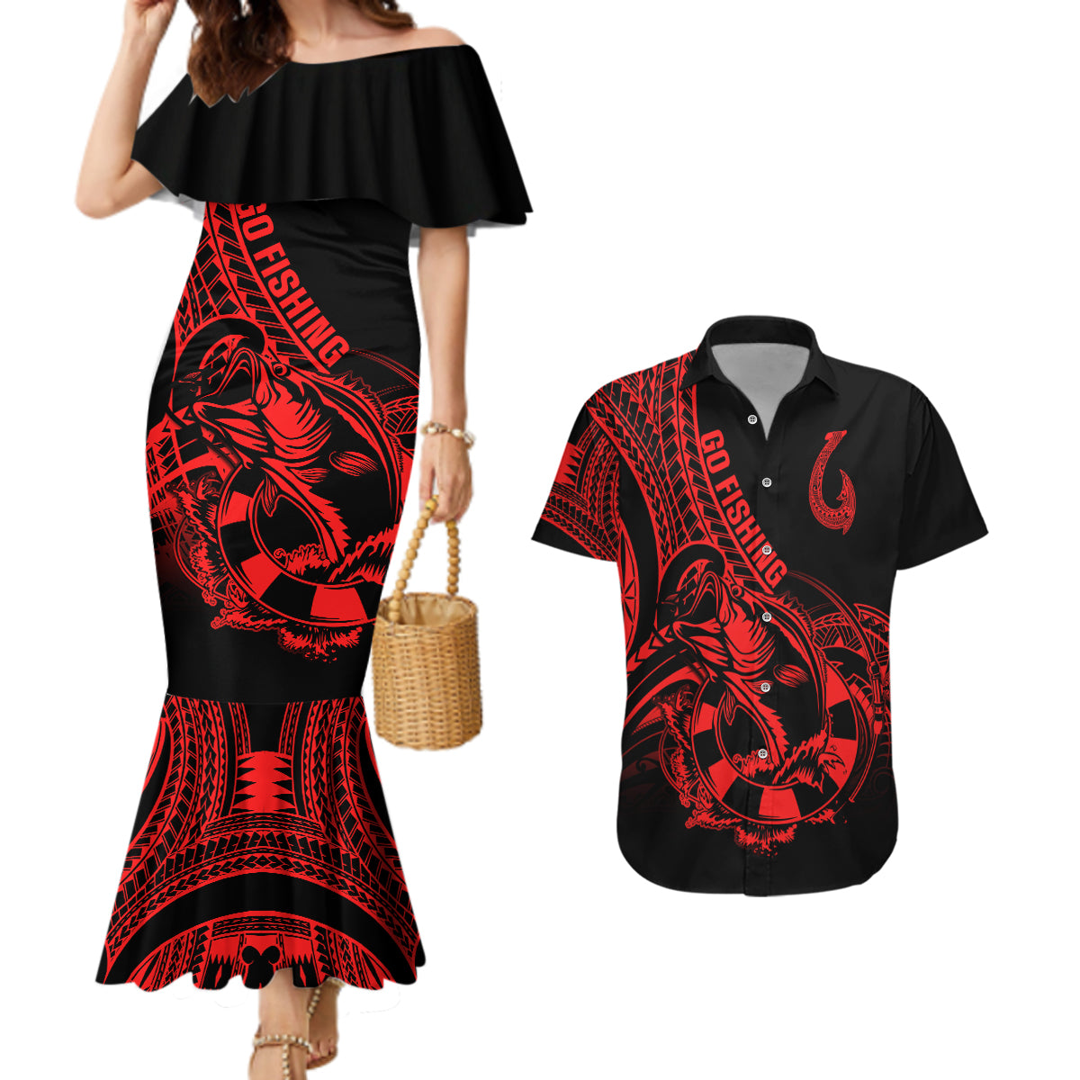 Polynesia Couples Matching Mermaid Dress and Hawaiian Shirt Fish Hook Tattoo Go Fishing Polynesian Pattern Red - Wonder Print Shop