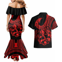 Polynesia Couples Matching Mermaid Dress and Hawaiian Shirt Fish Hook Tattoo Go Fishing Polynesian Pattern Red - Wonder Print Shop
