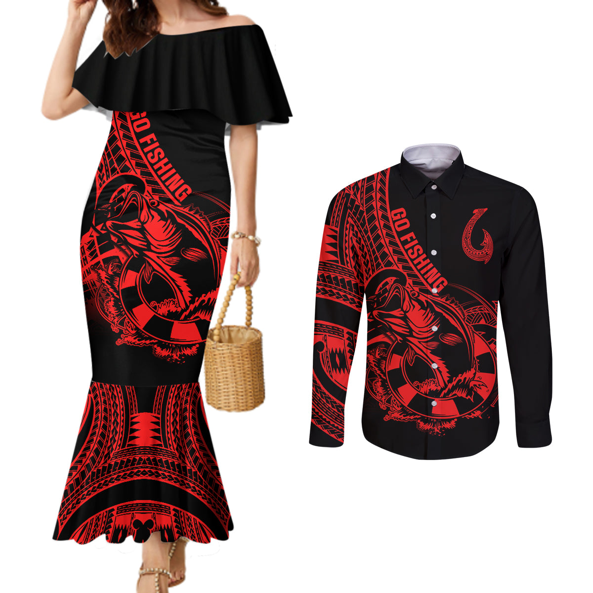 polynesia-couples-matching-mermaid-dress-and-long-sleeve-button-shirts-fish-hook-tattoo-go-fishing-polynesian-pattern-red