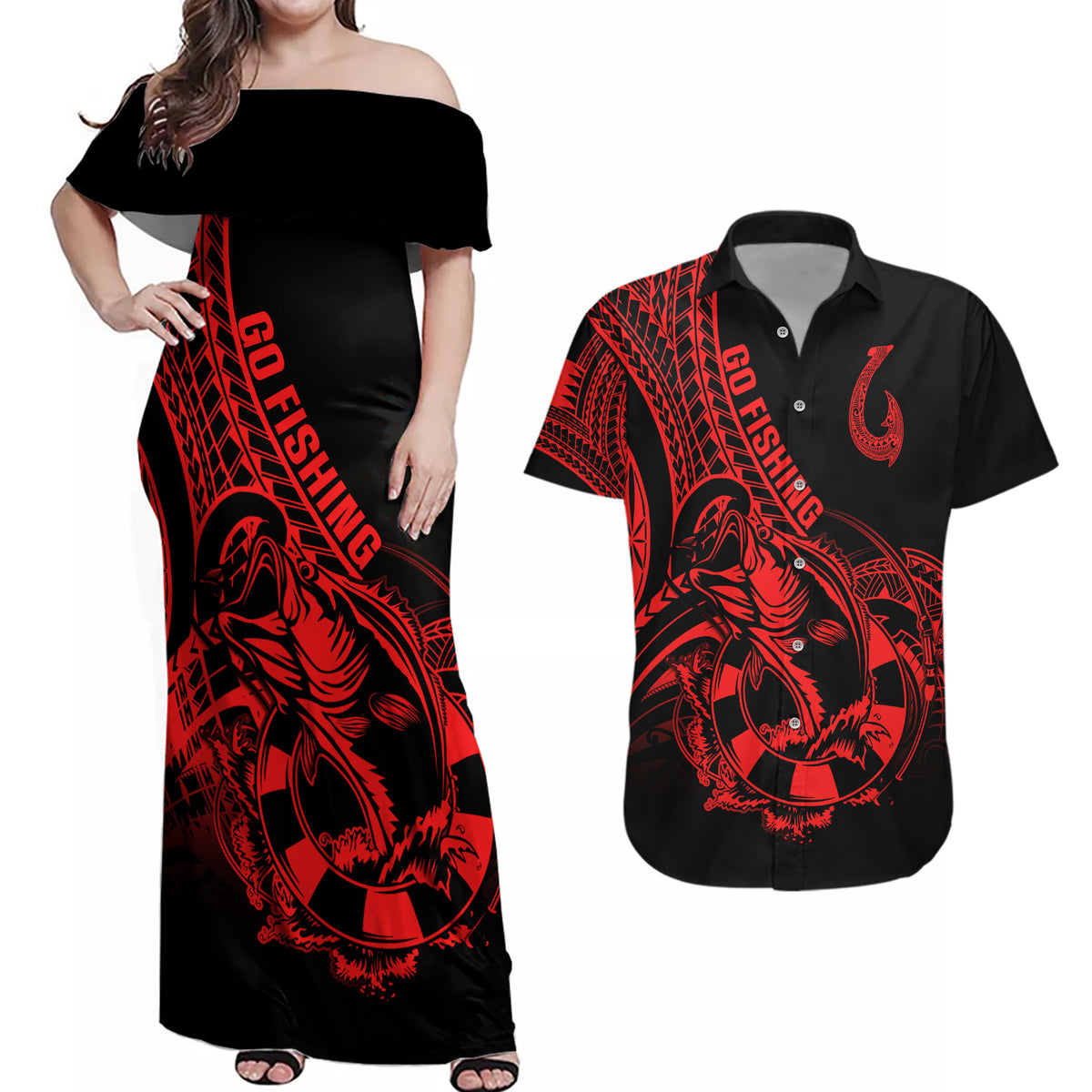 Polynesia Couples Matching Off Shoulder Maxi Dress and Hawaiian Shirt Fish Hook Tattoo Go Fishing Polynesian Pattern Red - Wonder Print Shop