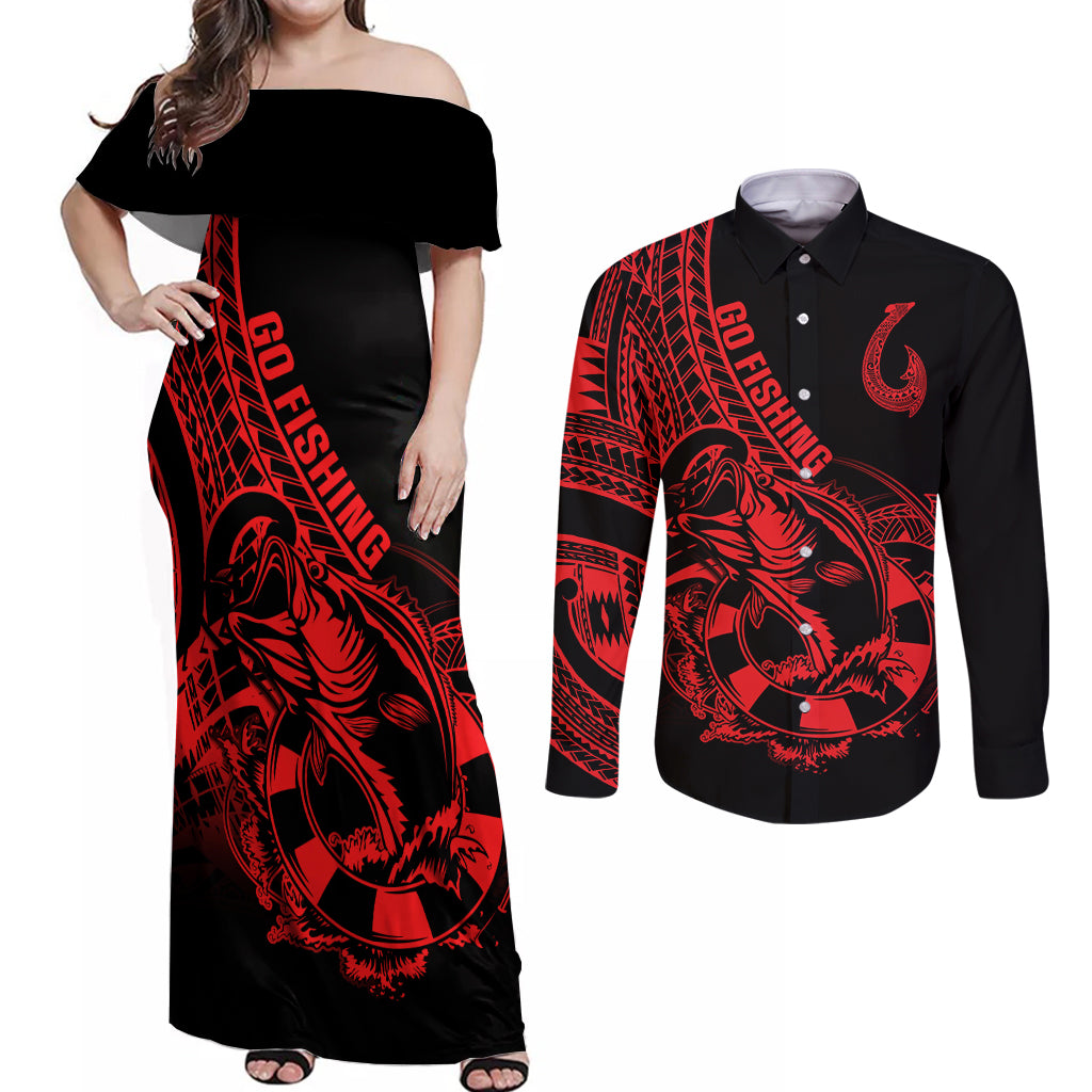 Polynesia Couples Matching Off Shoulder Maxi Dress and Long Sleeve Button Shirts Fish Hook Tattoo Go Fishing Polynesian Pattern Red - Wonder Print Shop